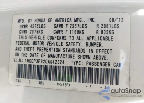 2012 Honda Accord 3.5 Ex-L z USA, uszkodzony, nr VIN 1HGCP3F82CA042824